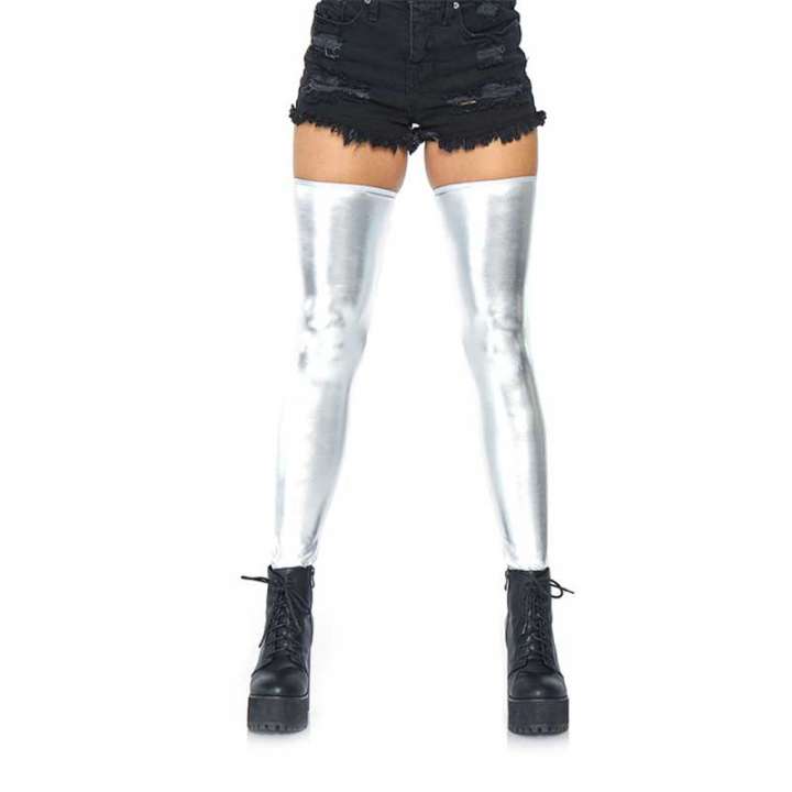 Priser på Leg Avenue Izzy Wetlook Selvsiddende Strømper - M/L - Sølv