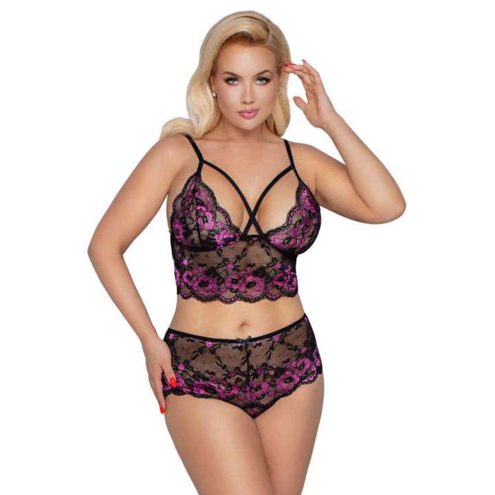Priser på Cottelli Curves Lingeri Sæt i Sort og Pink - XXXL/XXXXL