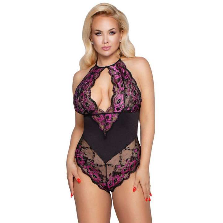 Priser på Cottelli Curves Jasmine Bodystocking Sort og Pink - XL