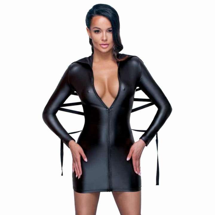 Priser på Cottelli Bondage Wet-Look Kjole med krave - M