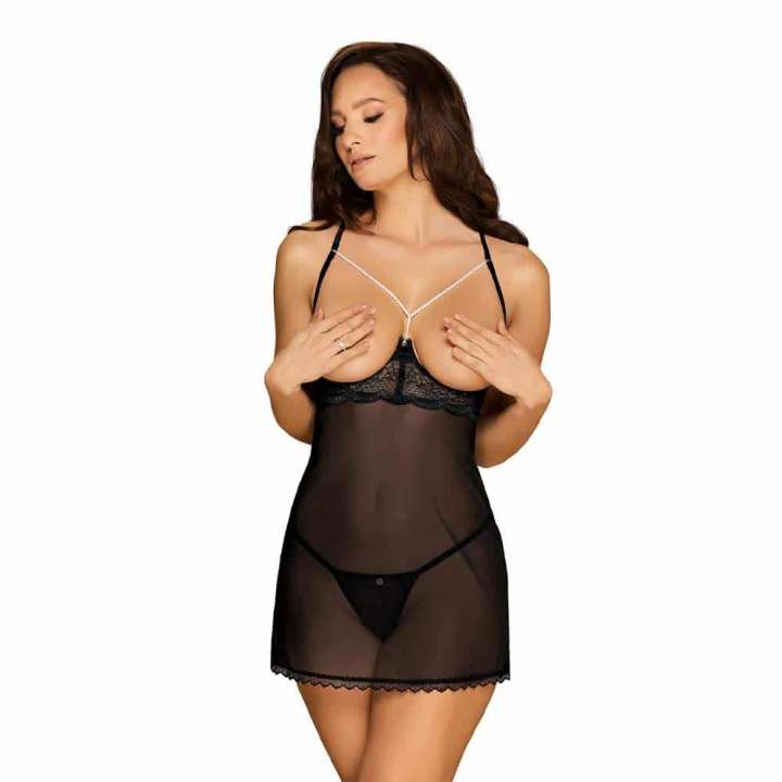 Priser på Obsessive Pearlove Chemise og G-Streng Sort - L/XL