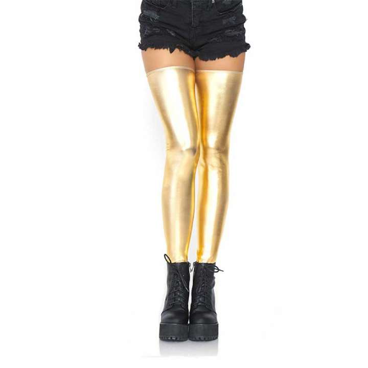 Priser på Leg Avenue Izzy Wetlook Selvsiddende Strømper - M/L - Guld